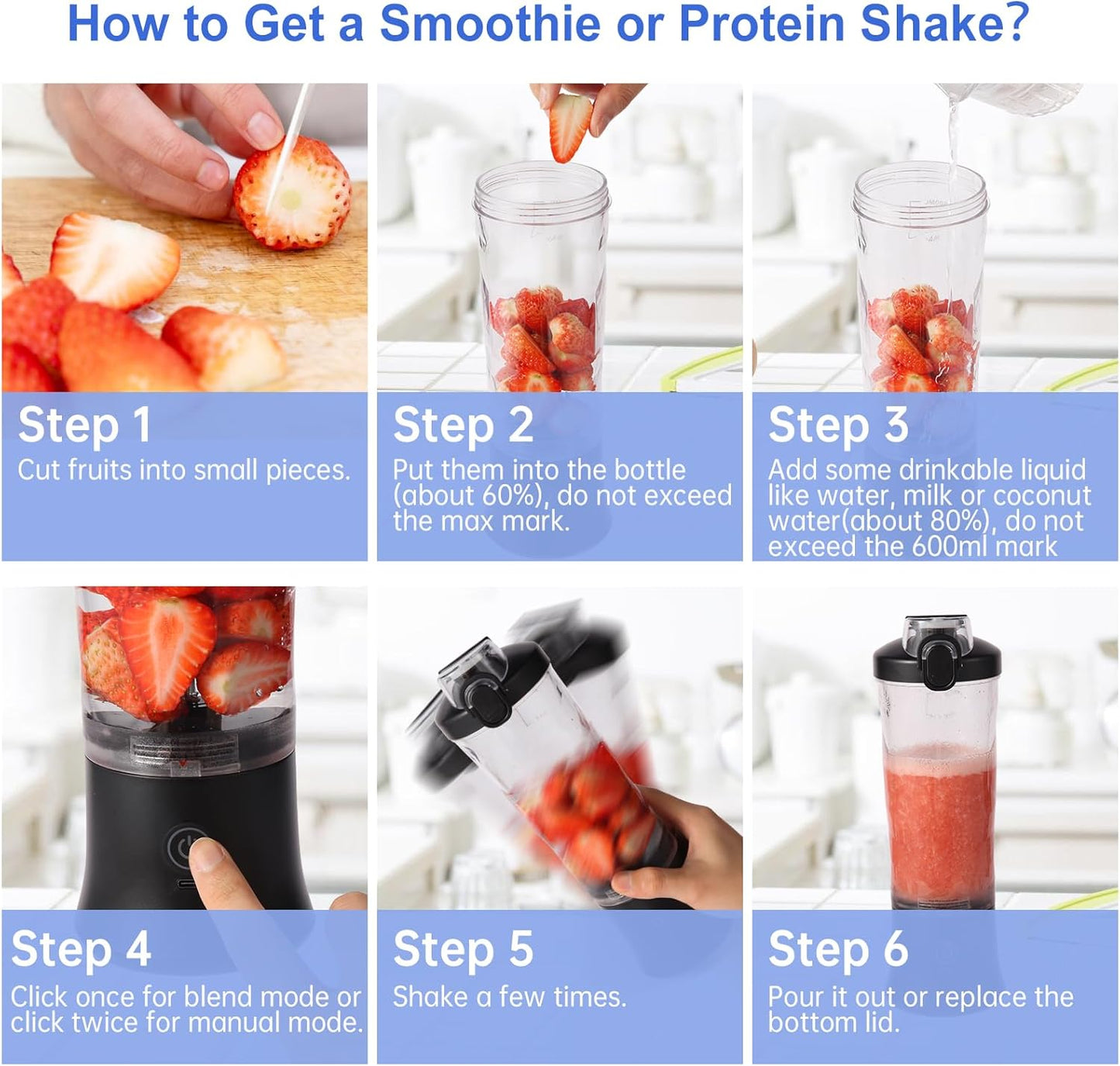 Portable Blender with 20oz Cup and Lid โ USB Rechargeable, Perfect for Smoothies On-the-Go