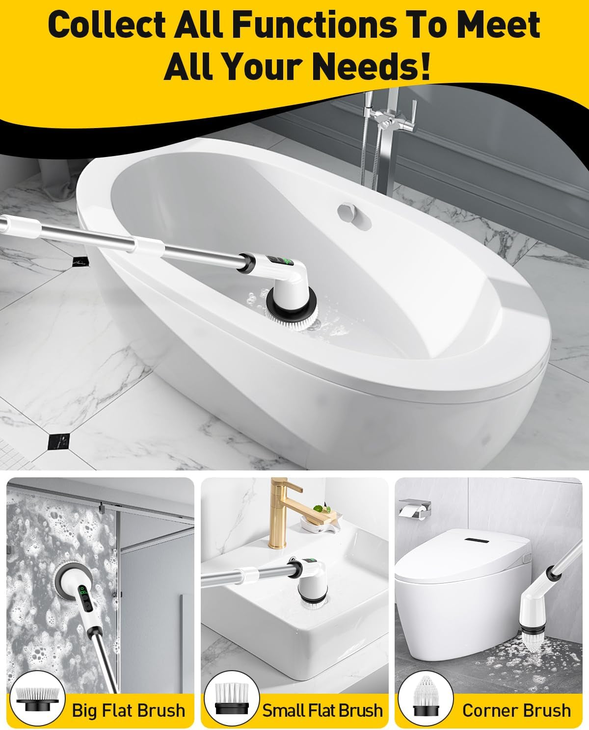 Rechargeable Electric Spin Scrubber - 3 Brush Heads, 2 Speeds, Cordless Bathroom & Tile Power Cleaner