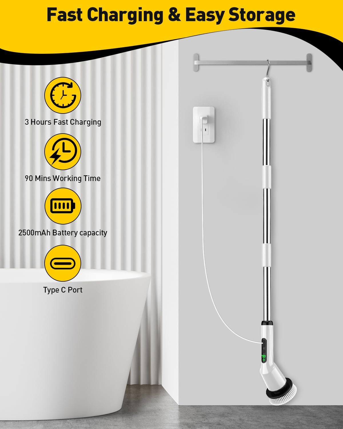 Rechargeable Electric Spin Scrubber - 3 Brush Heads, 2 Speeds, Cordless Bathroom & Tile Power Cleaner
