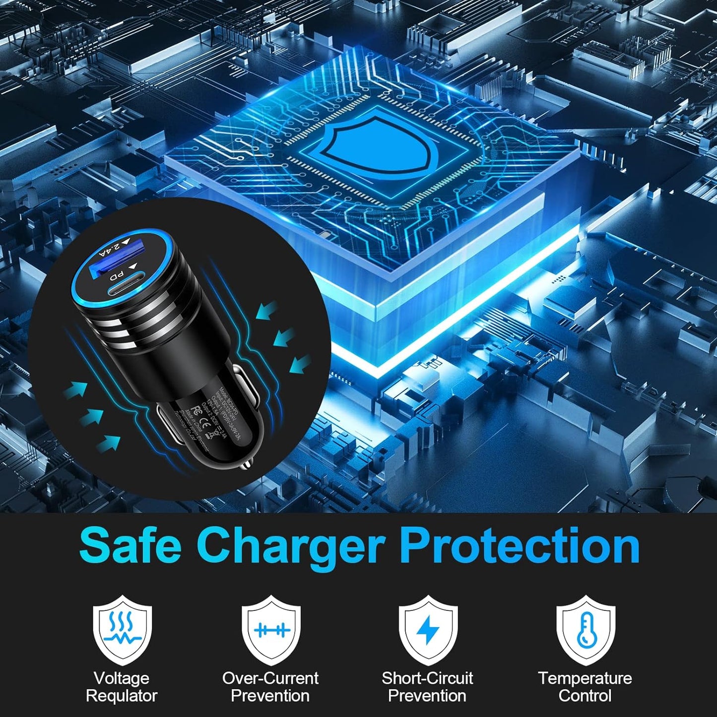 Fast Charging USB-C Car Charger - 30W PD + 2.4A, 2-Pack, Compatible with for iPhone 12-16 / Samsung S21-S25 / Pixel 3-9, Type-C Adapter