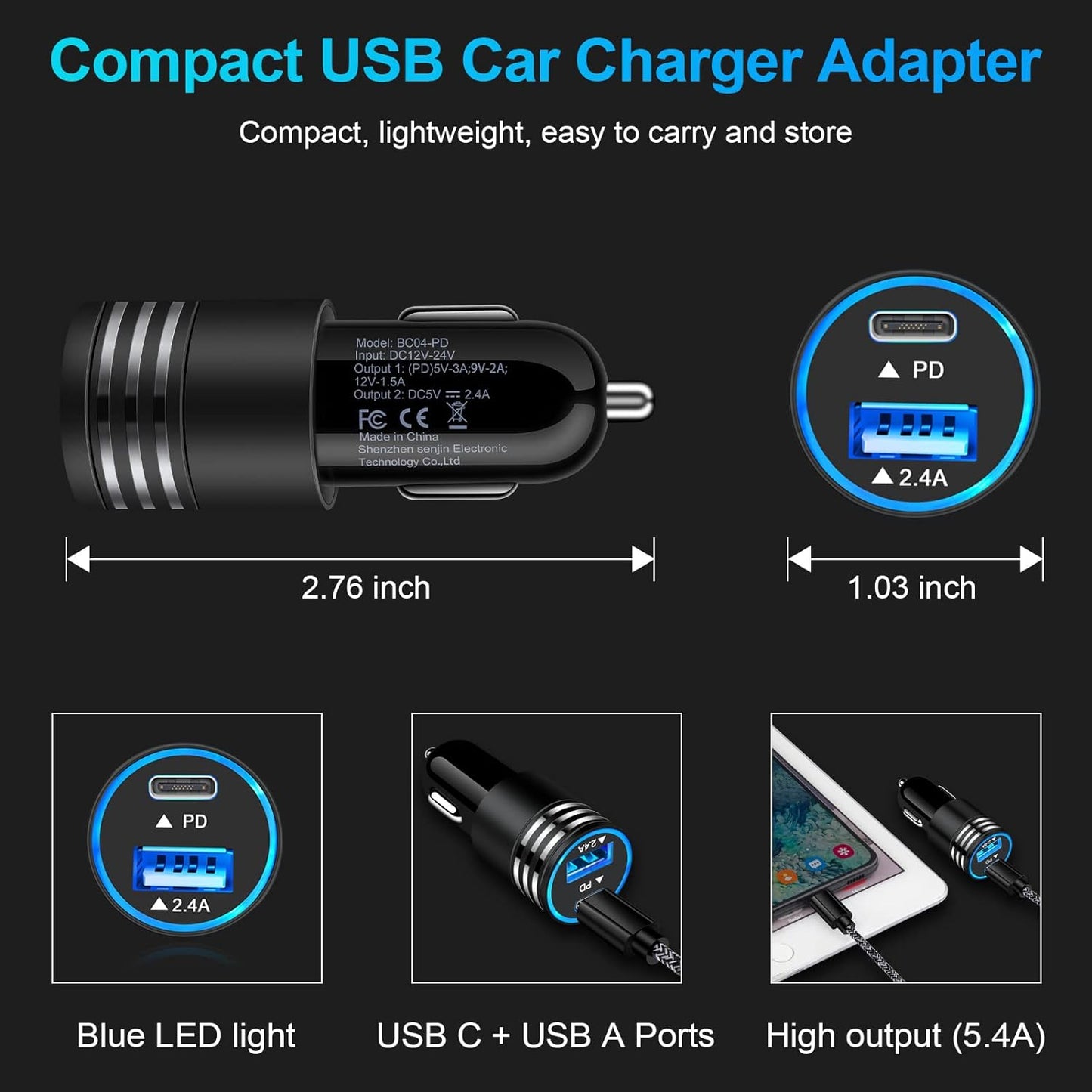 Fast Charging USB-C Car Charger - 30W PD + 2.4A, 2-Pack, Compatible with for iPhone 12-16 / Samsung S21-S25 / Pixel 3-9, Type-C Adapter