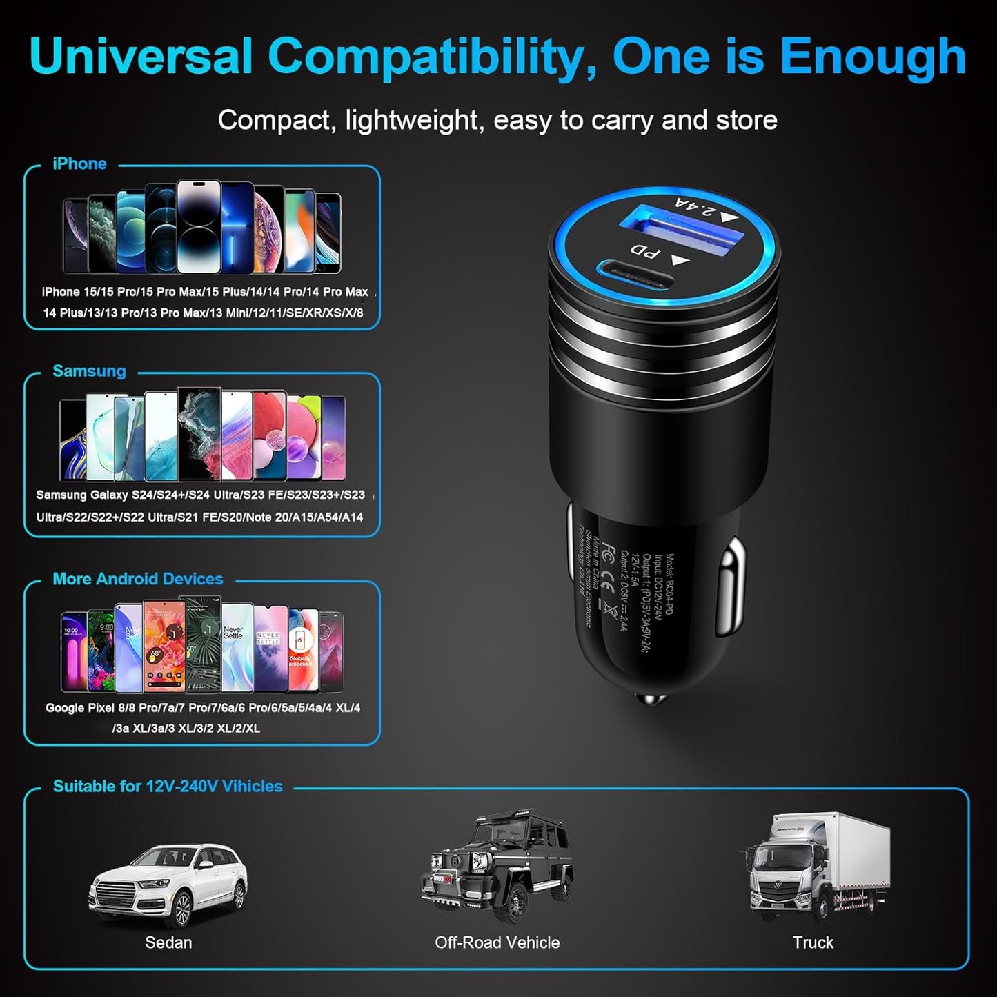 Fast Charging USB-C Car Charger - 30W PD + 2.4A, 2-Pack, Compatible with for iPhone 12-16 / Samsung S21-S25 / Pixel 3-9, Type-C Adapter