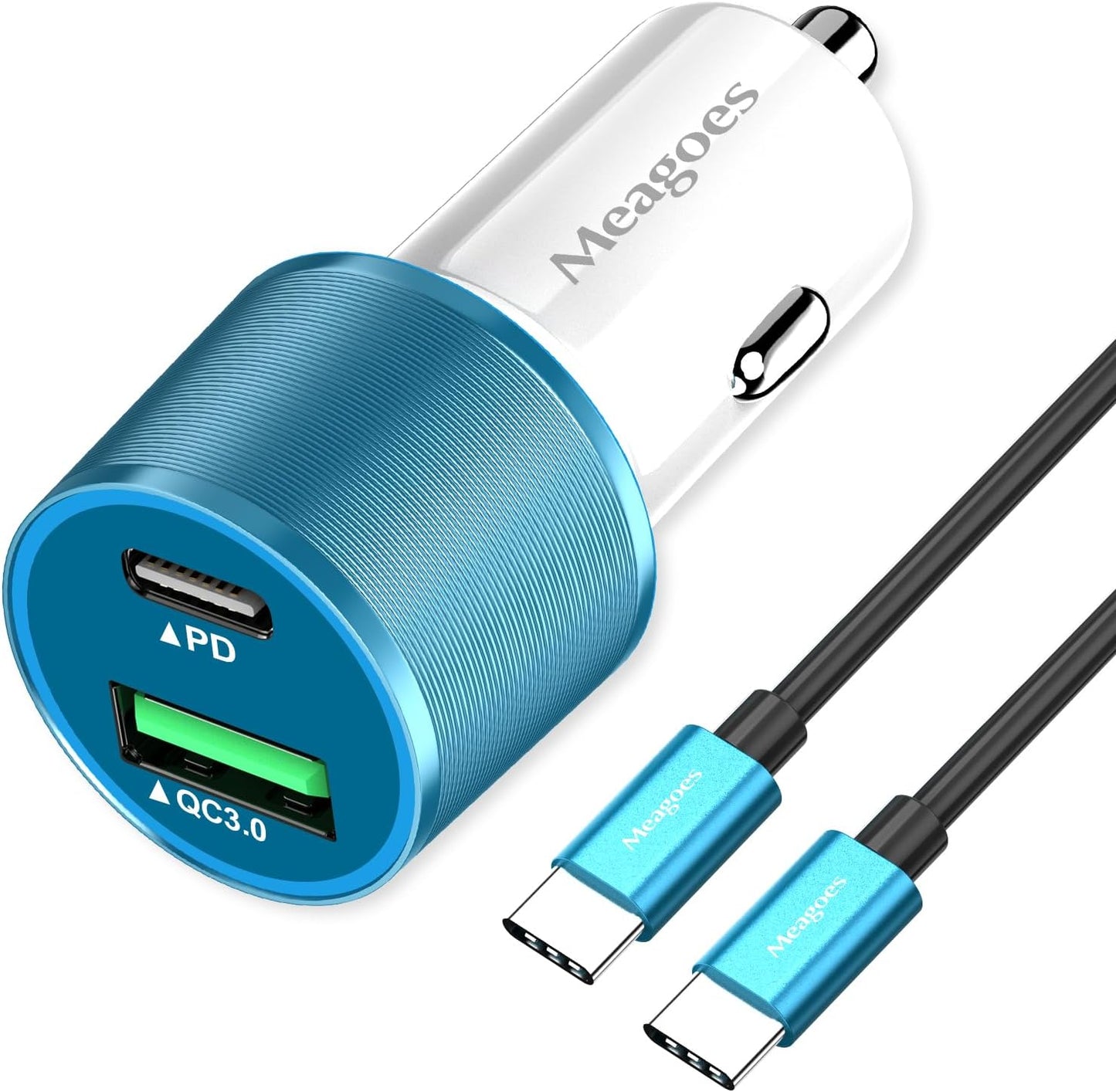 48W Superfast Car Charger USB C + QC3.0 Dual Port - Fast Charging for iPhone, iPad, Samsung & Android (12V Adapter + USB-C Cable)
