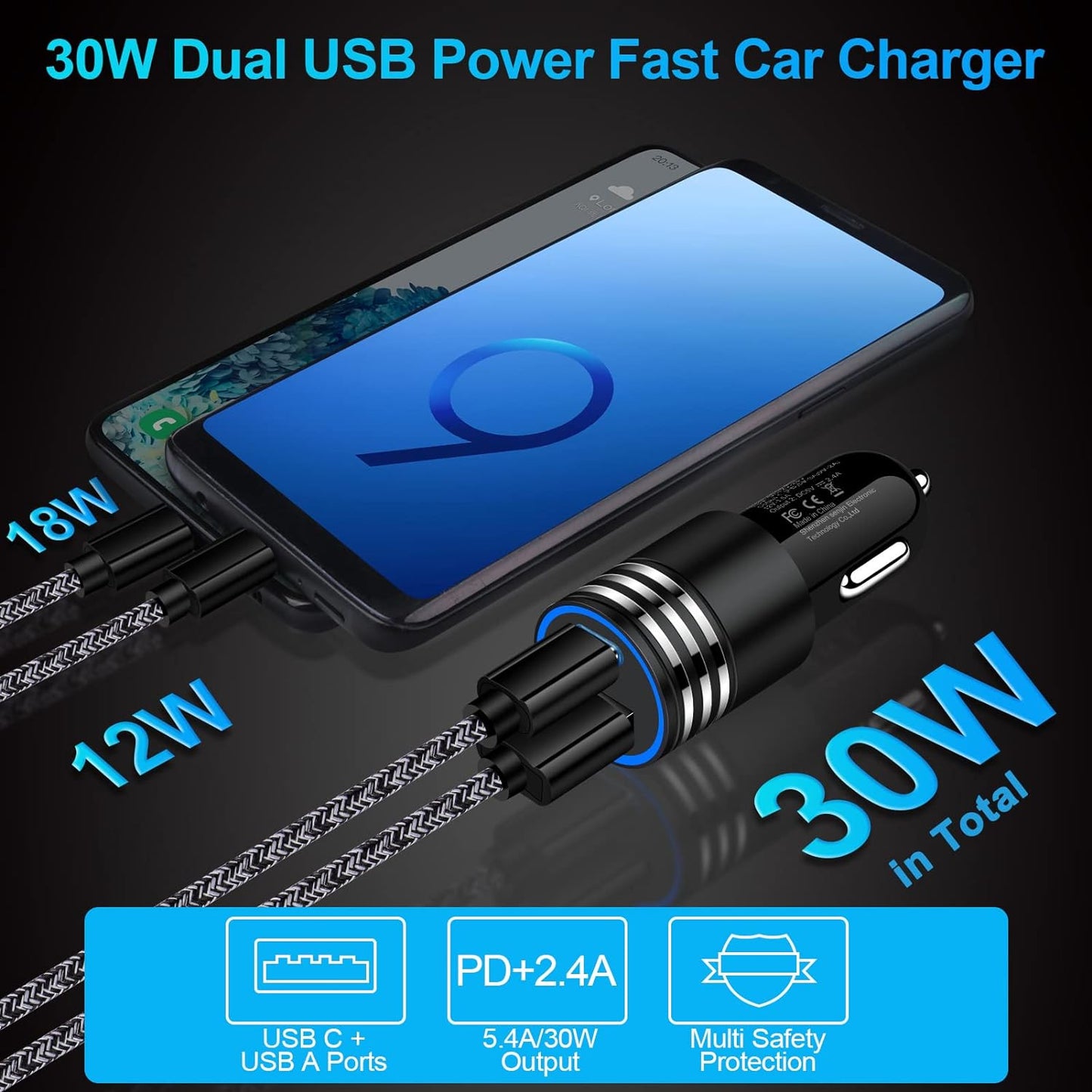 Fast Charging USB-C Car Charger - 30W PD + 2.4A, 2-Pack, Compatible with for iPhone 12-16 / Samsung S21-S25 / Pixel 3-9, Type-C Adapter