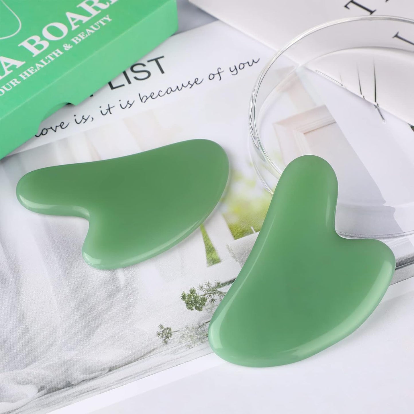 Jade Gua Sha Facial Massage Tool - Sculpt Jawline, Reduce Puffiness and Tension