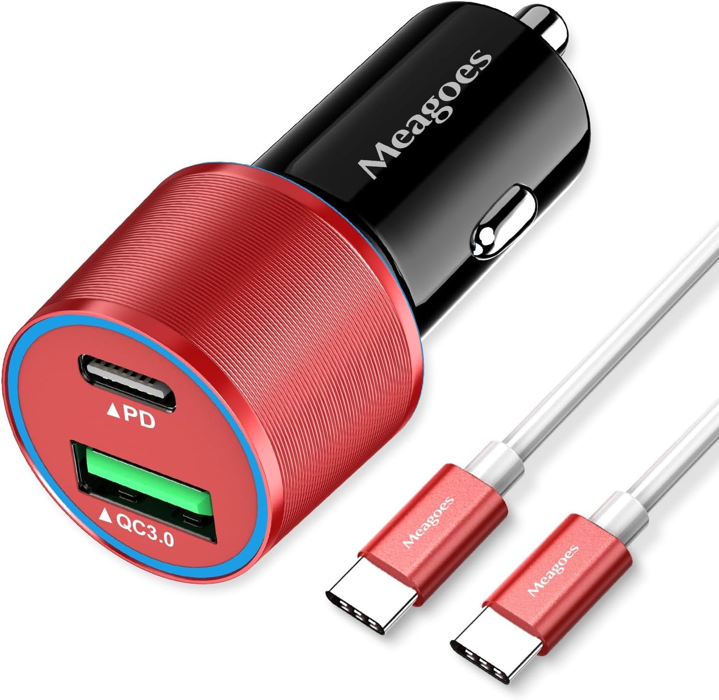 48W Superfast Car Charger USB C + QC3.0 Dual Port - Fast Charging for iPhone, iPad, Samsung & Android (12V Adapter + USB-C Cable)