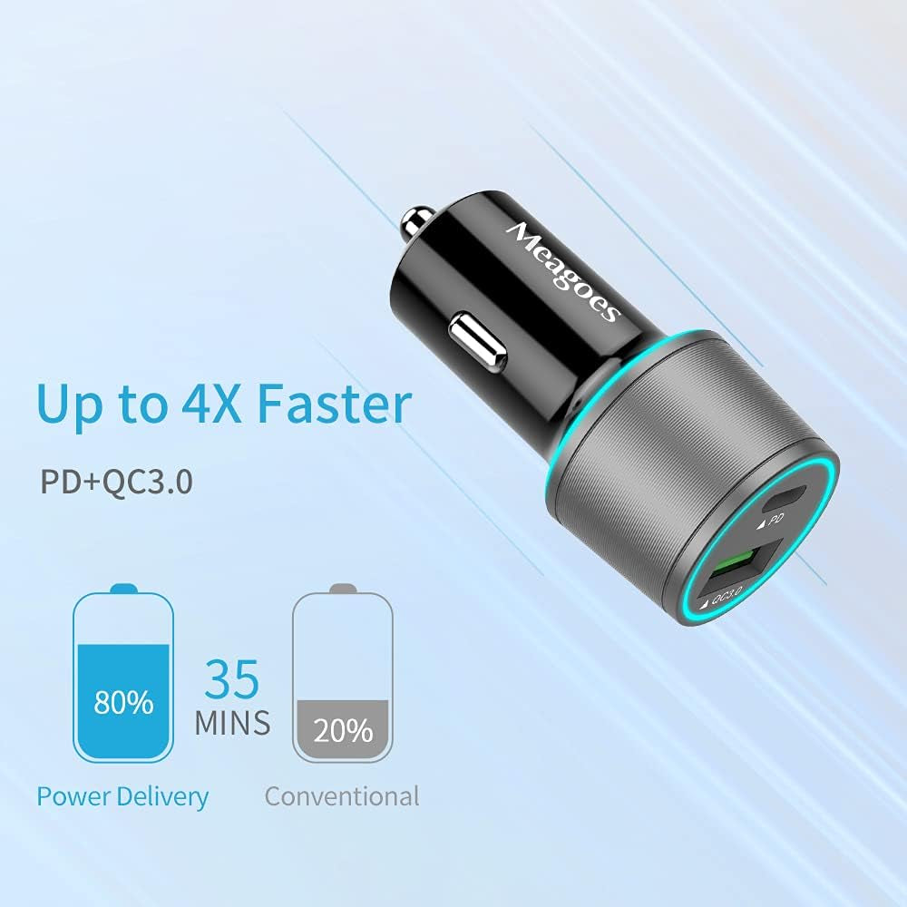 48W Superfast Car Charger USB C + QC3.0 Dual Port - Fast Charging for iPhone, iPad, Samsung & Android (12V Adapter + USB-C Cable)