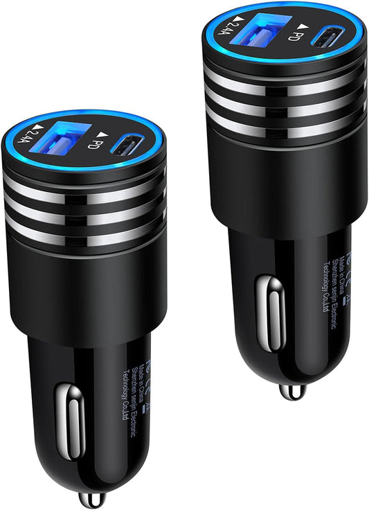 Fast Charging USB-C Car Charger - 30W PD + 2.4A, 2-Pack, Compatible with for iPhone 12-16 / Samsung S21-S25 / Pixel 3-9, Type-C Adapter