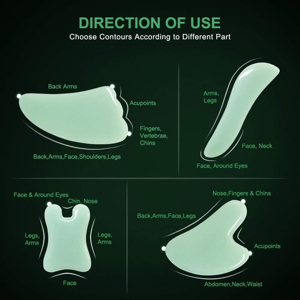 4-Piece Natural Gua Sha Stone Set for Face & Body Sculpting, Lymphatic Drainage, Muscle Release & Skin Glow