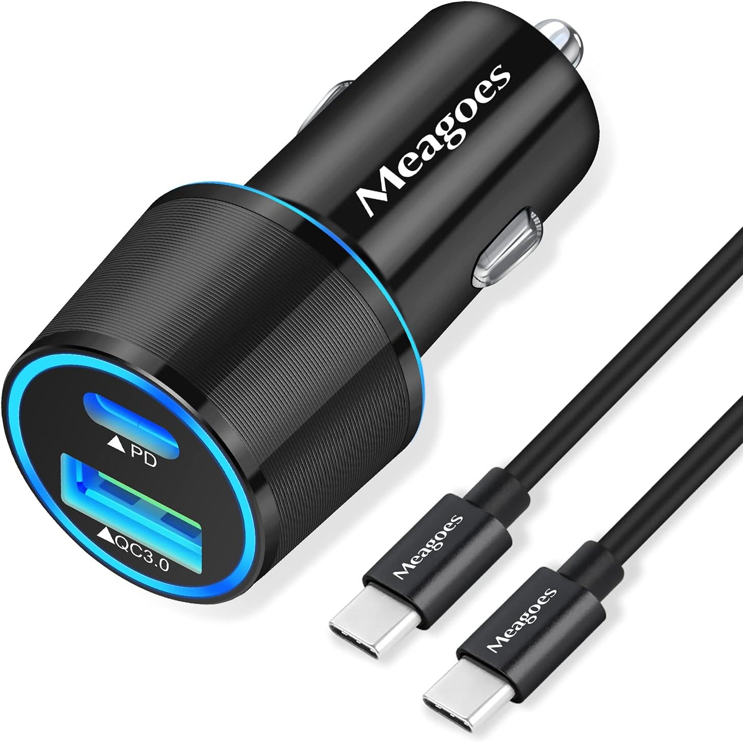 48W Superfast Car Charger USB C + QC3.0 Dual Port - Fast Charging for iPhone, iPad, Samsung & Android (12V Adapter + USB-C Cable)