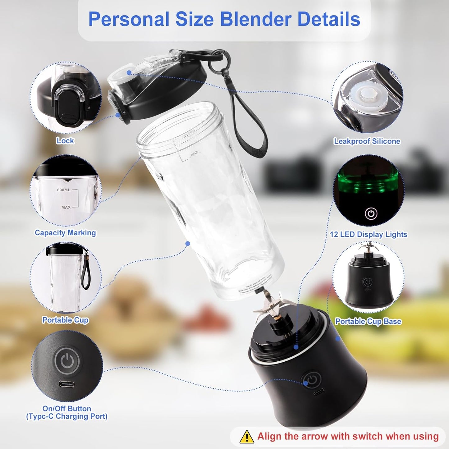 Portable Blender with 20oz Cup and Lid – USB Rechargeable, Perfect for Smoothies On-the-Go