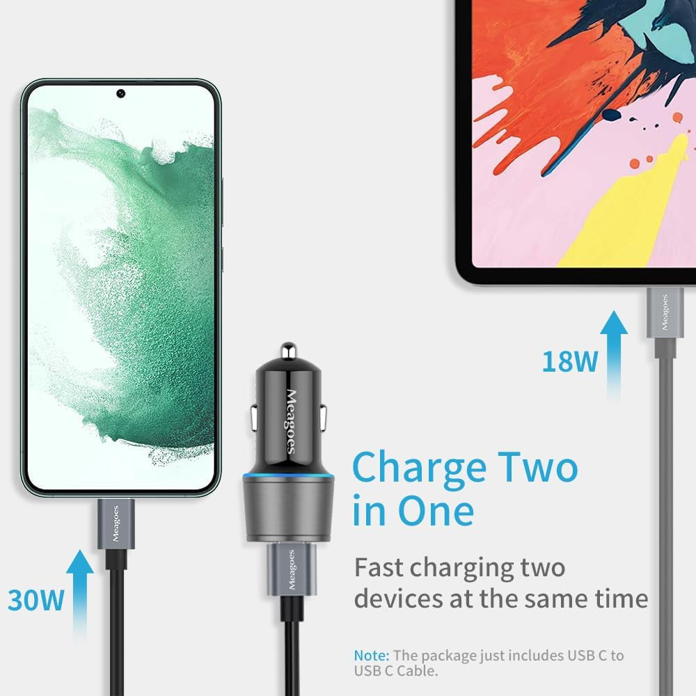 48W Superfast Car Charger USB C + QC3.0 Dual Port - Fast Charging for iPhone, iPad, Samsung & Android (12V Adapter + USB-C Cable)